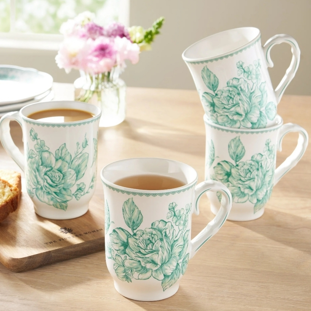 💕 2025 The Pioneer Woman Agatha  Green Floral 12oz Mug Set Of 4